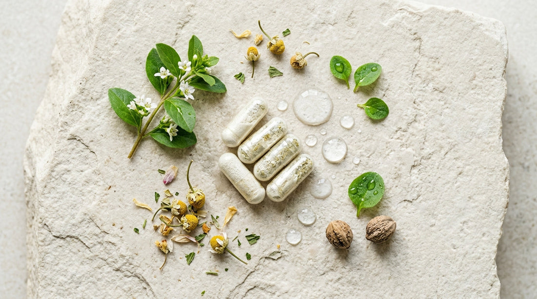 Eine minimalistische, ästhetische Nahaufnahme von natürlichen Inhaltsstoffen, Wassertropfen und reinen Kapseln auf einem hellen, naturbelassenen Steinhintergrund im Nutori-Design.