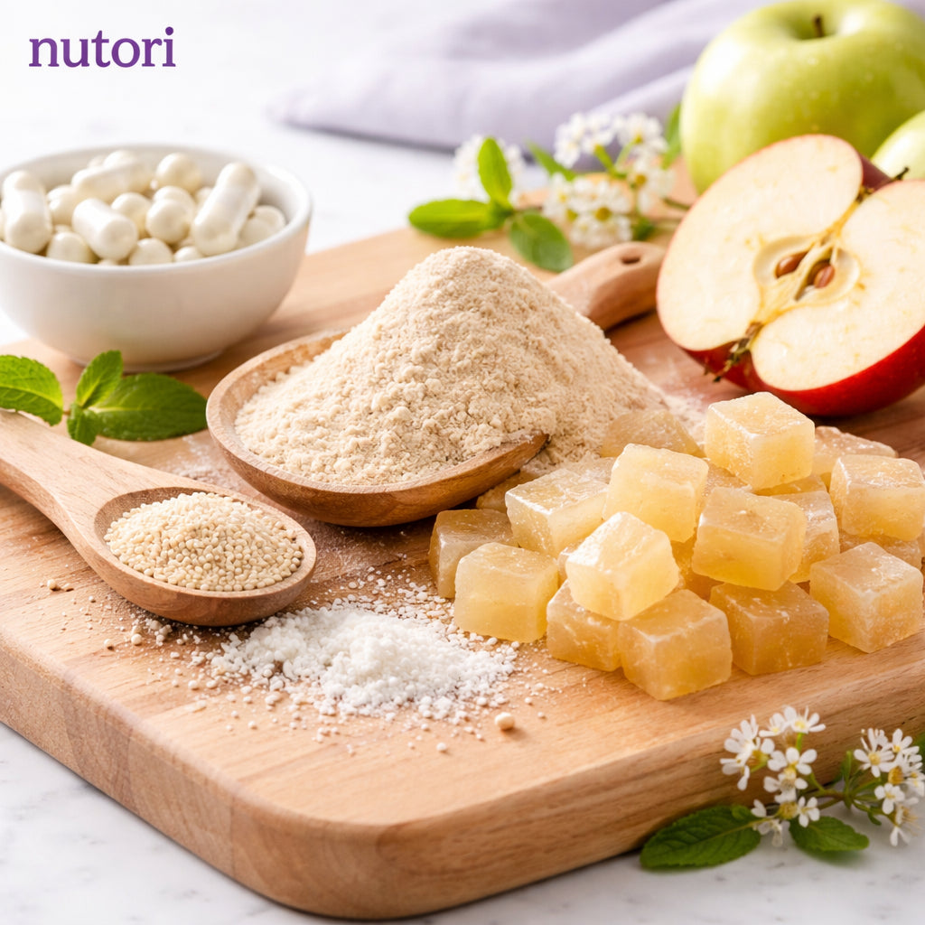 A realistic close‑up of apple cider vinegar powder, pectin, and probiotic cultures on a wooden board, alt="apple cider vinegar gummy ingredients"