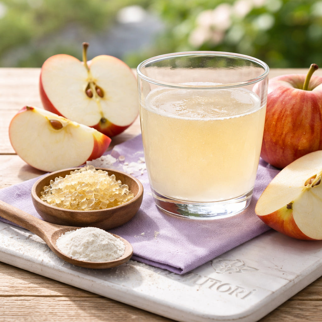 A realistic close‑up of apple slices, pectin fibers, and a glass of apple cider vinegar powder on a wooden table, alt: apple cider vinegar gummies ingredients for digestion