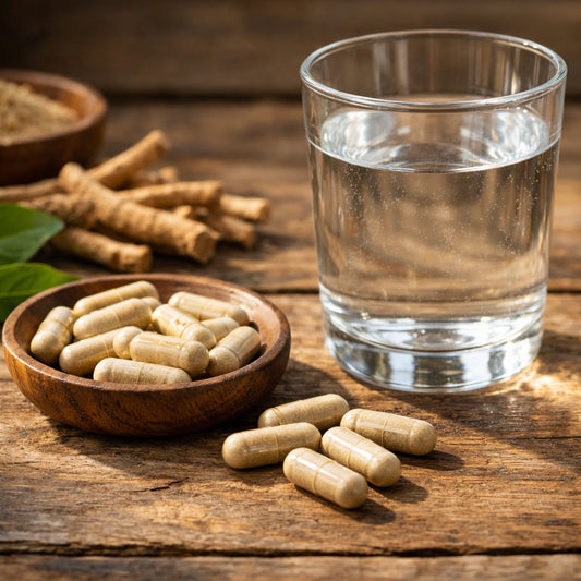 Ashwagandha Kapseln mit Wasser für die tägliche Einnahme.