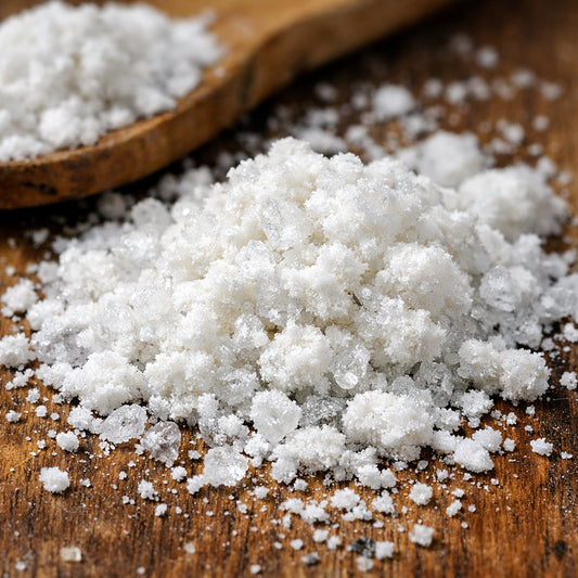 A realistic close‑up of magnesium bisglycinate crystals blended with soft glycine molecules on a wooden surface, alt: ma