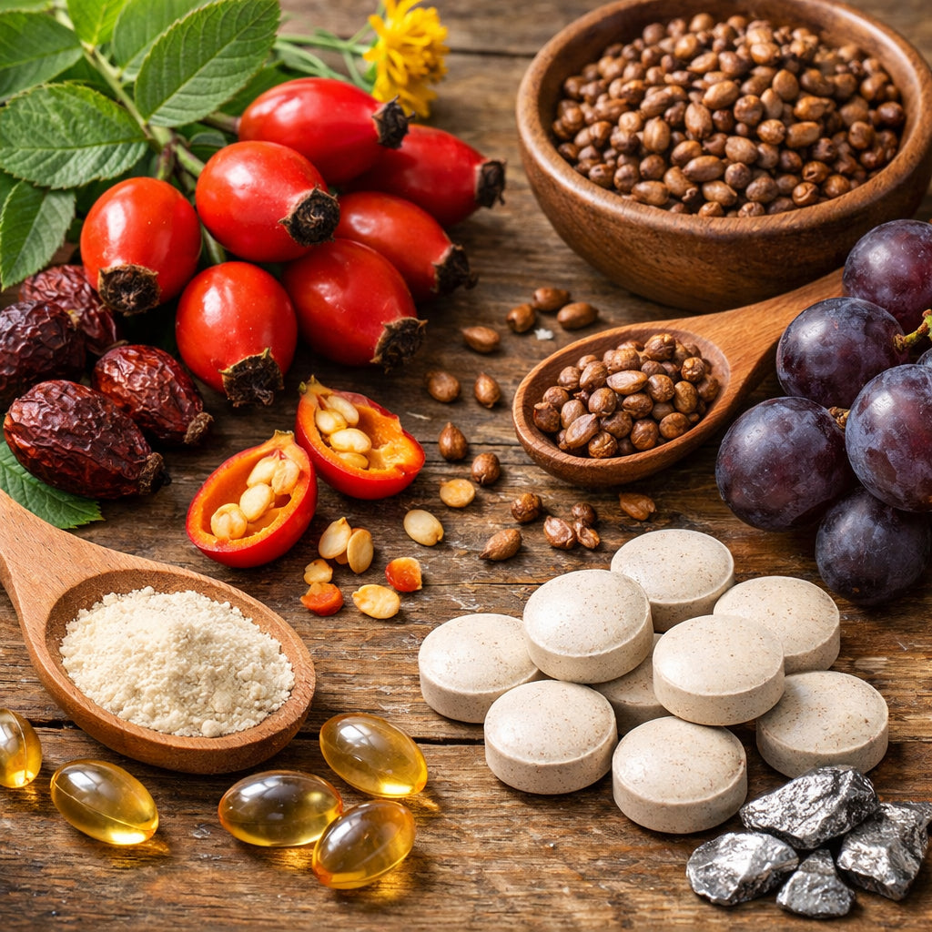 A close‑up of natural supplement ingredients like rose hip, grape seed, and zinc tablets on a wooden table, realistic st