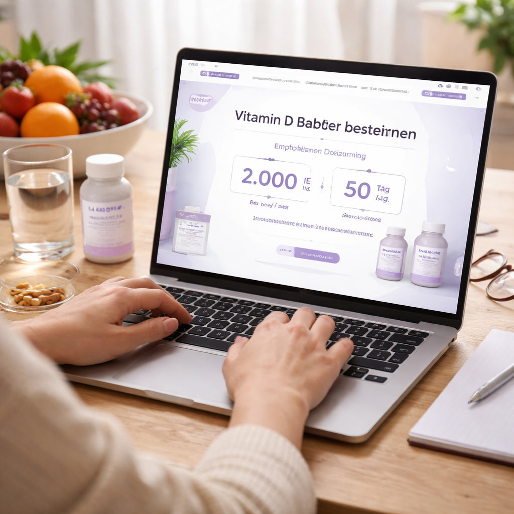 A realistic depiction of a person using a vitamin D calculator on a laptop, showing dosage numbers. Alt: Vitamin D Bedarf bestimmen