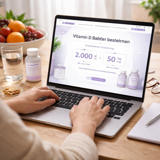 A realistic depiction of a person using a vitamin D calculator on a laptop, showing dosage numbers. Alt: Vitamin D Bedarf bestimmen