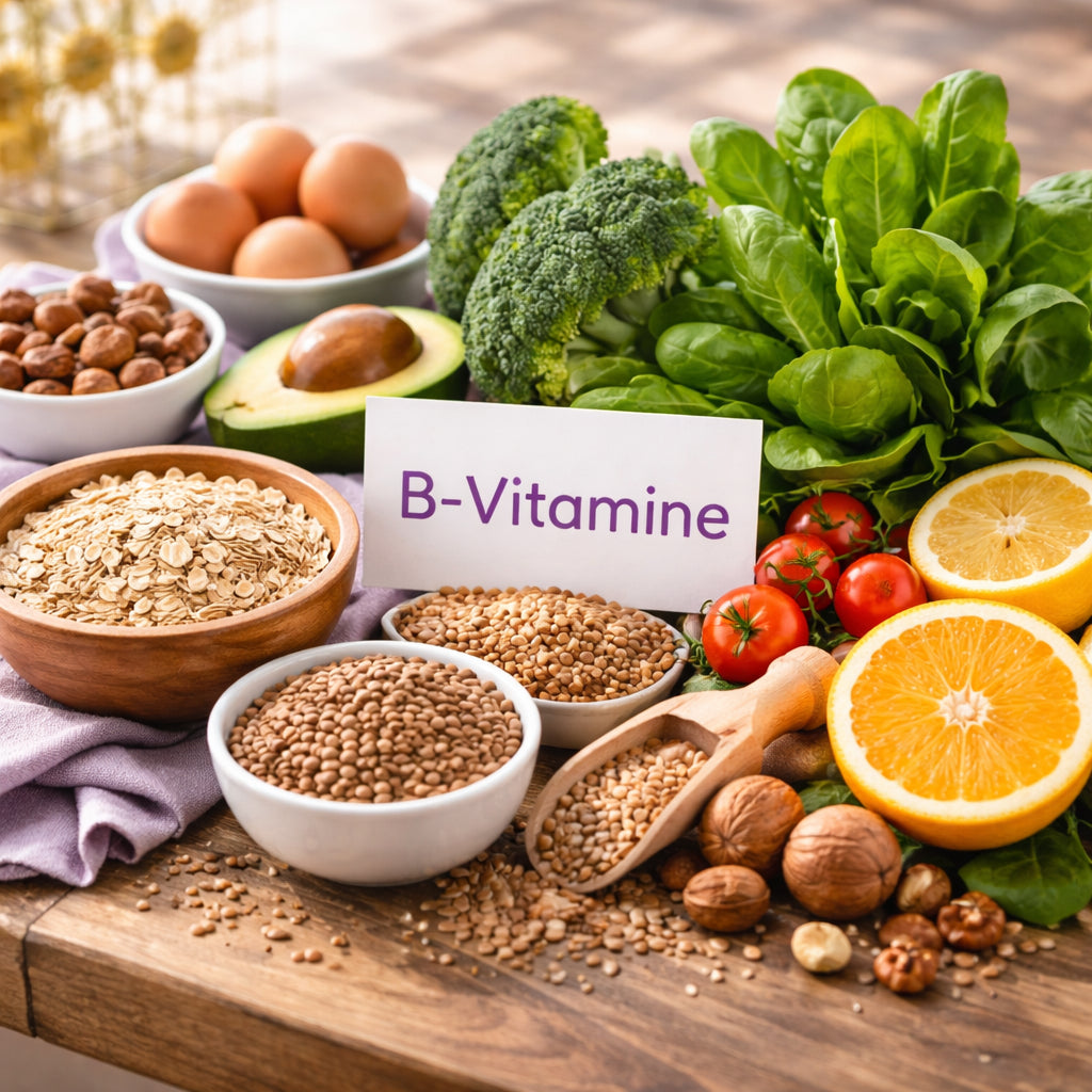 A realistic close‑up of natural B‑vitamin sources like whole grains, leafy greens and citrus fruits on a wooden table, bright lighting, alt: natürliche B‑Vitamine Lebensmittel