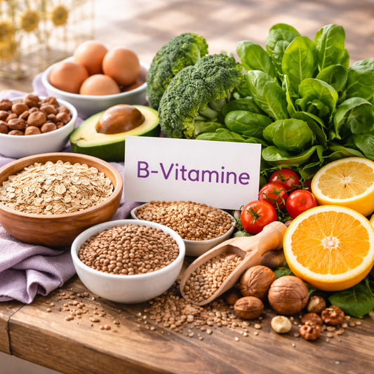 A realistic close‑up of natural B‑vitamin sources like whole grains, leafy greens and citrus fruits on a wooden table, bright lighting, alt: natürliche B‑Vitamine Lebensmittel