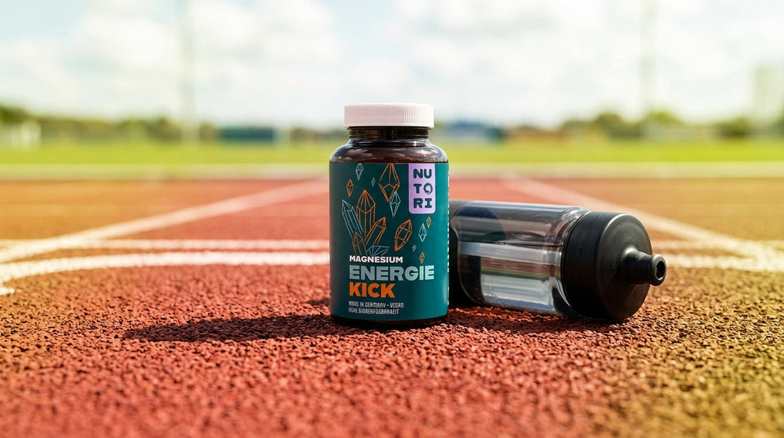 Eine Flasche NUTORI ENERGIE KICK Kapseln neben einer Sport-Trinkflasche auf einer Laufbahn im Stadion