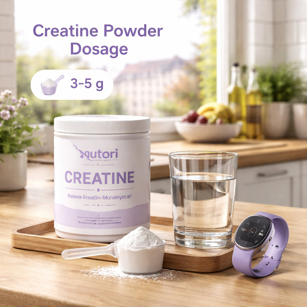 A photorealistic scene of a German kitchen countertop with a measuring scoop of creatine powder, a glass of water, and a fitness watch, showing a daily dose of 3–5 g. Alt: "creatine powder dosage" 