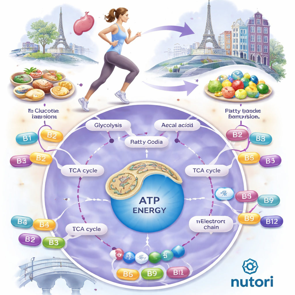 A realistic illustration of the human metabolic pathways showing how B‑vitamins act as co‑enzymes in energy production. Alt: metabolic pathway B‑vitamins energy conversion