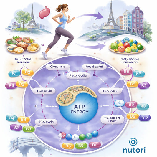 A realistic illustration of the human metabolic pathways showing how B‑vitamins act as co‑enzymes in energy production. Alt: metabolic pathway B‑vitamins energy conversion