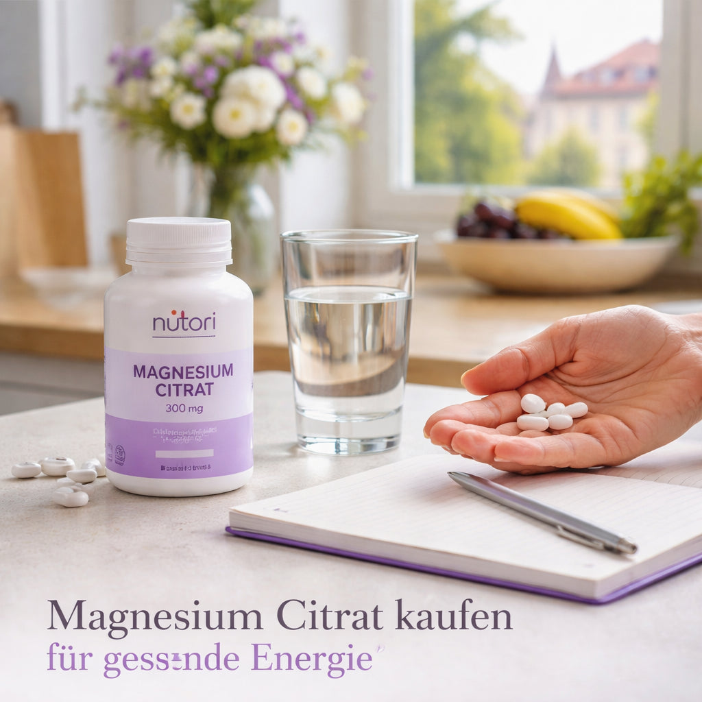 A photorealistic scene of a German kitchen countertop with a bottle of magnesium citrat supplement, a glass of water, and a notebook, showing someone about to take the supplement. Alt: Magnesium citrat kaufen für gesunde Energie