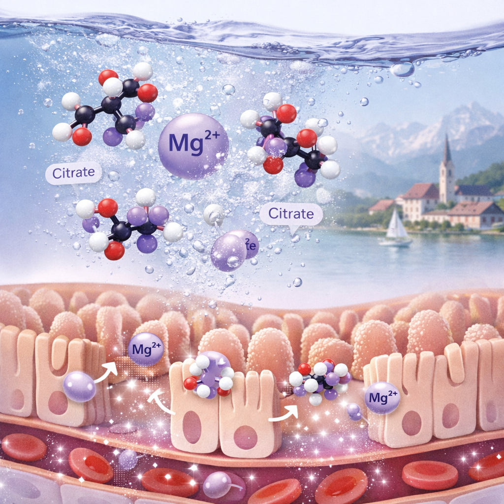 Realistic illustration of magnesium citrate molecular structure dissolving in water, showing gentle absorption in the gut. Alt: magnesium citrate absorption illustration
