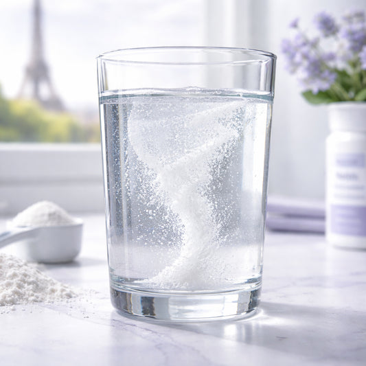 A realistic close‑up of a glass of water with dissolved magnesium citrate crystals, showing the powder swirling in the liquid. Alt: magnesium citrate dissolved in water, visualizing absorption and potential side effects