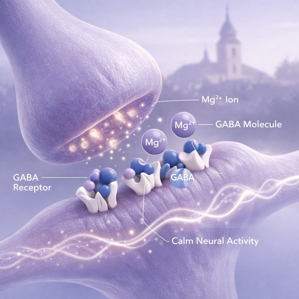 A realistic illustration of magnesium ions interacting with GABA receptors in the brain, showing calm neural activity. Alt: magnesium and GABA interaction for sleep