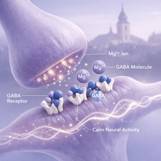 A realistic illustration of magnesium ions interacting with GABA receptors in the brain, showing calm neural activity. Alt: magnesium and GABA interaction for sleep