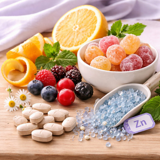 A photorealistic close‑up of natural supplement ingredients like citrus peel, berries, zinc crystals and vitamin tablets arranged on a wooden surface. Alt: natural multivitamin gummy ingredients close‑up