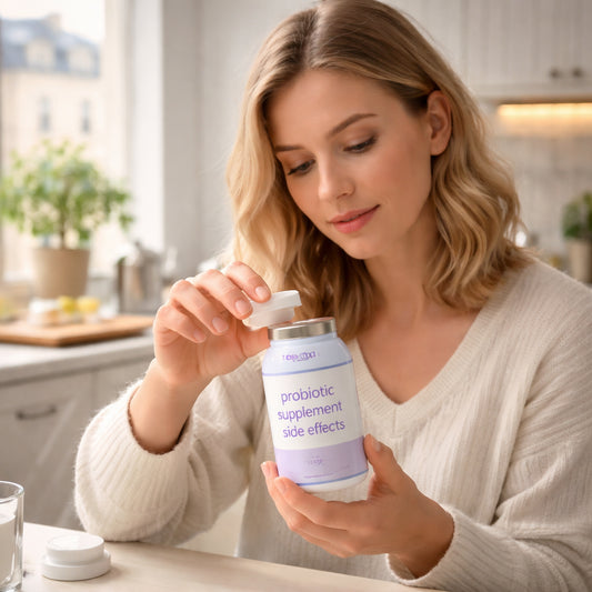 A realistic photo of a person opening a probiotic supplement bottle, looking curious, with a soft focus on the label that reads "probiotic supplement side effects". Alt: probiotic supplement side effects illustration.