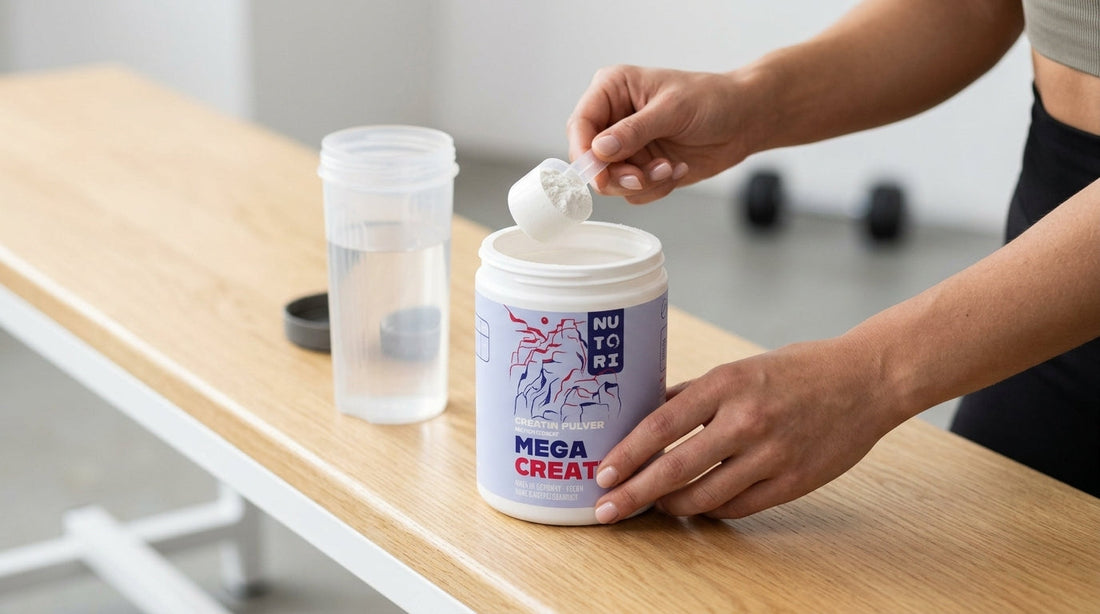 Eine Sportlerin in einem modernen Fitnessstudio bereitet ihren Trainingsshake vor, neben einer Dose Nutori Mega Creatin und frischem Wasser.&nbsp;