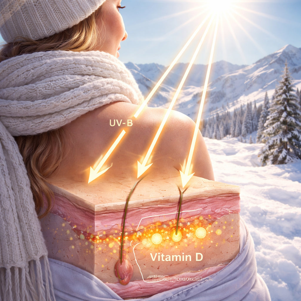 A realistic illustration of winter sunlight hitting a person's exposed skin on a snowy landscape, showing the limited UV‑B penetration, Alt: winter sunlight and vitamin D synthesis